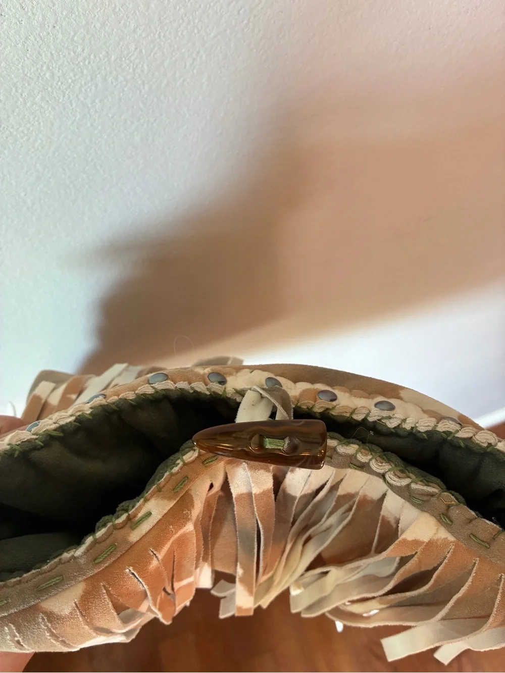 Boho Fringe Shoulder Bag – Tan, Cream & Hunter Green
